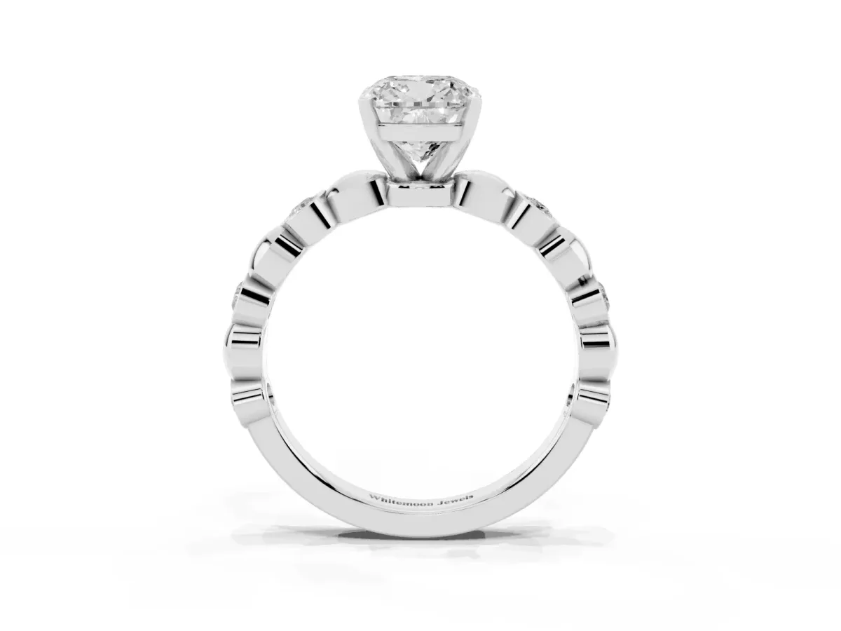 Cushion Cut Solitaire Bezel-Set Diamond Ring with Beaded Band and Four-Prong Setting Silver