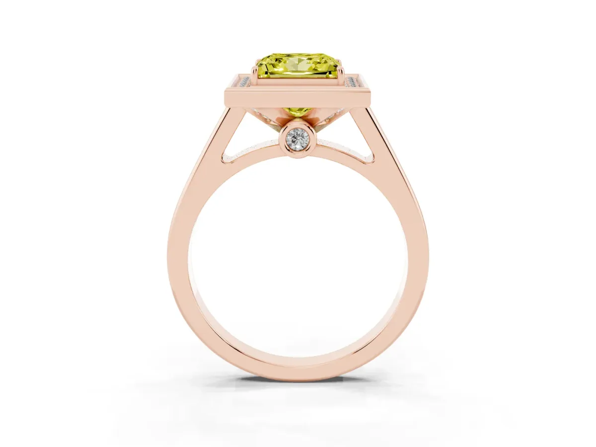 Fancy Yellow Princess Cut Halo Solitaire Diamond Ring with Pave Band and Bezel Setting Rose gold
