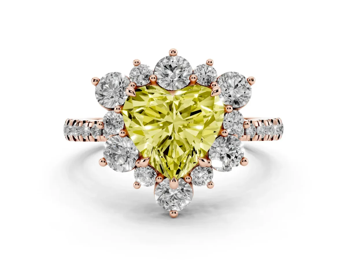 Fancy Yellow Heart Cut Diamond Floral Halo Ring with Round Pavé Band and Prong Setting Rose gold