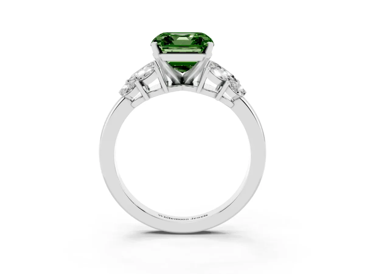 Fancy Green Asscher Cut Diamond Cluster Leaf Design Ring with Prong Setting Silver