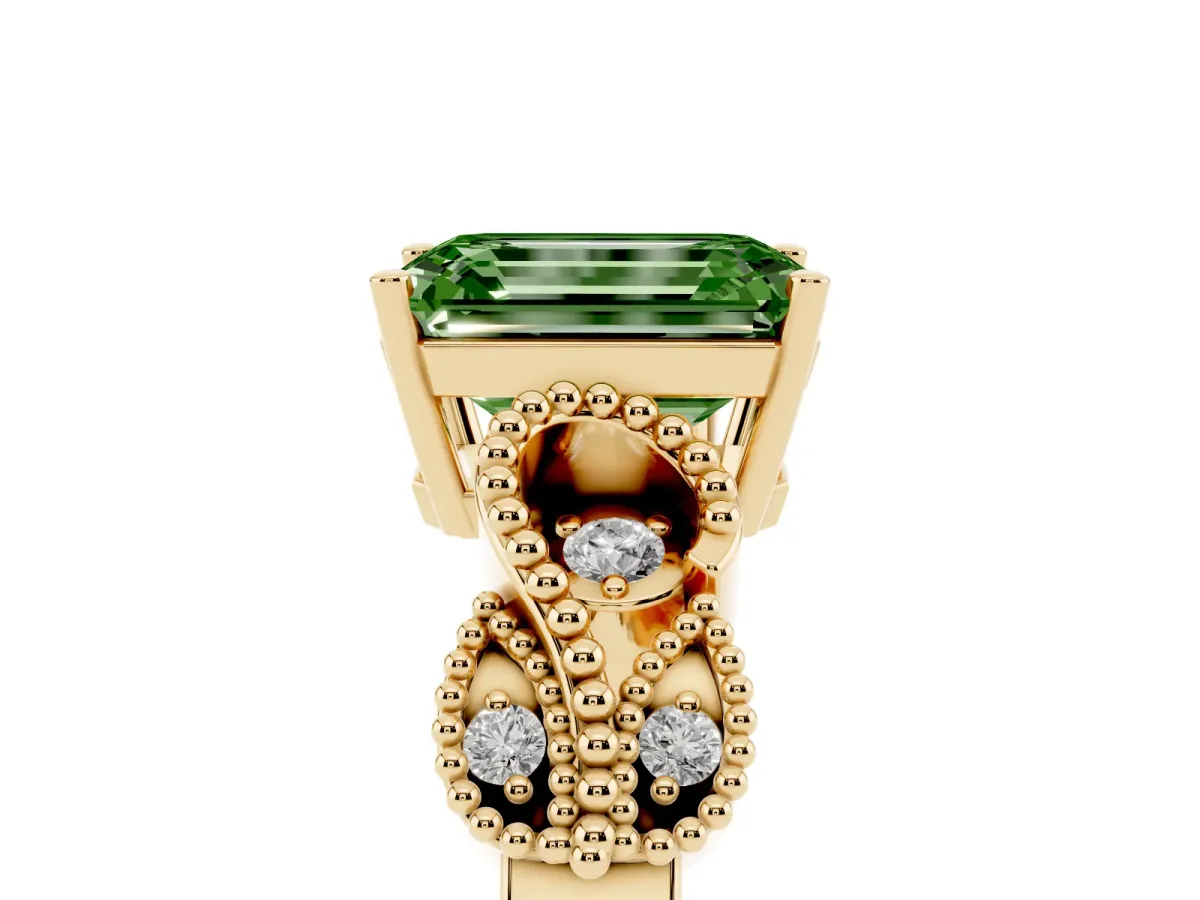 Fancy Green Emerald Cut Solitaire Milgrain Leaf Band with Prong Setting Yellow gold