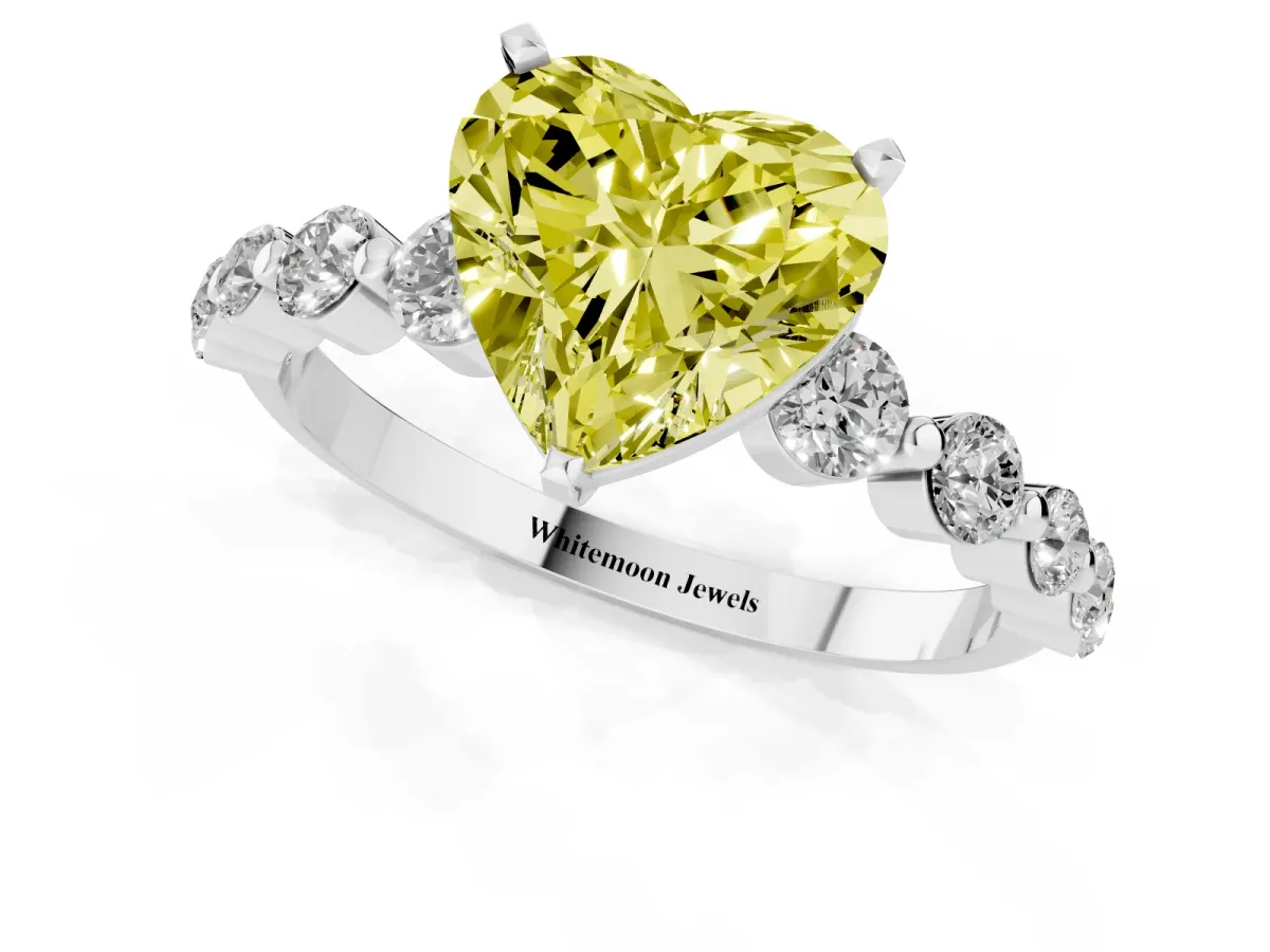 Fancy Yellow Heart Cut Solitaire Diamond Ring with Pave Band and Four-Prong Setting Silver