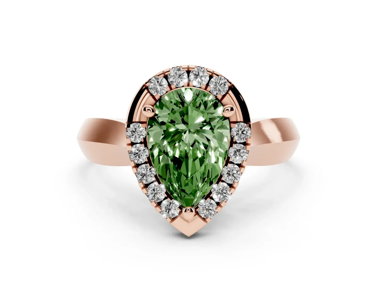 Fancy Green Pear Cut Cut Halo Solitaire Engagement Ring with Square Band and Four-Prong Setting Rose gold