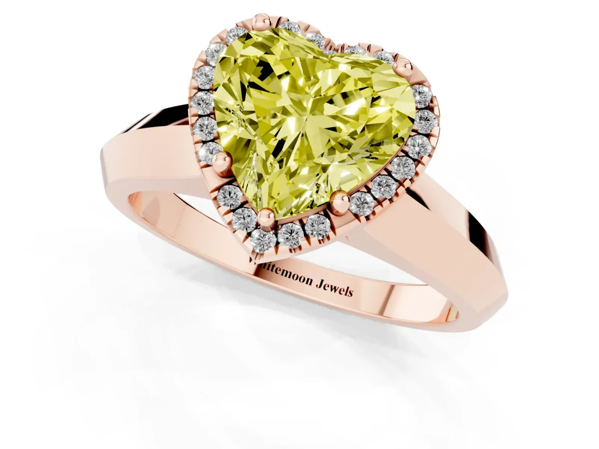 Fancy Yellow Heart Cut Halo Diamond Ring with Cathedral Band and Four-Prong Setting Rose gold
