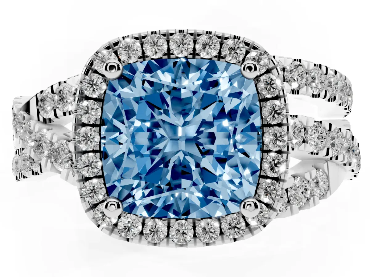 Fancy Blue Cushion Cut Diamond Halo Ring with Round Split Shank and Prong Setting Platinum