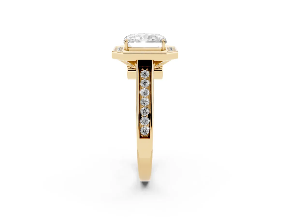 Emerald Cut Halo Solitaire Diamond Ring with Pave Band and Bezel Setting Yellow gold