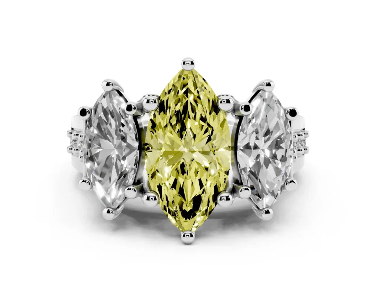Fancy Yellow Marquise Cut Diamond Three-Stone Ring with Channel Set Band and Four-Prong Setting Silver