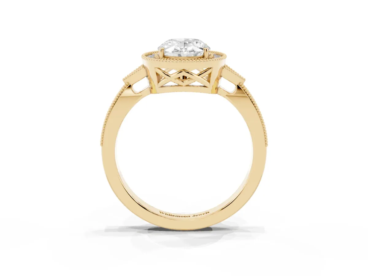 Oval Cut Halo Round Diamond Milgrain Pave Engagement Ring Yellow gold
