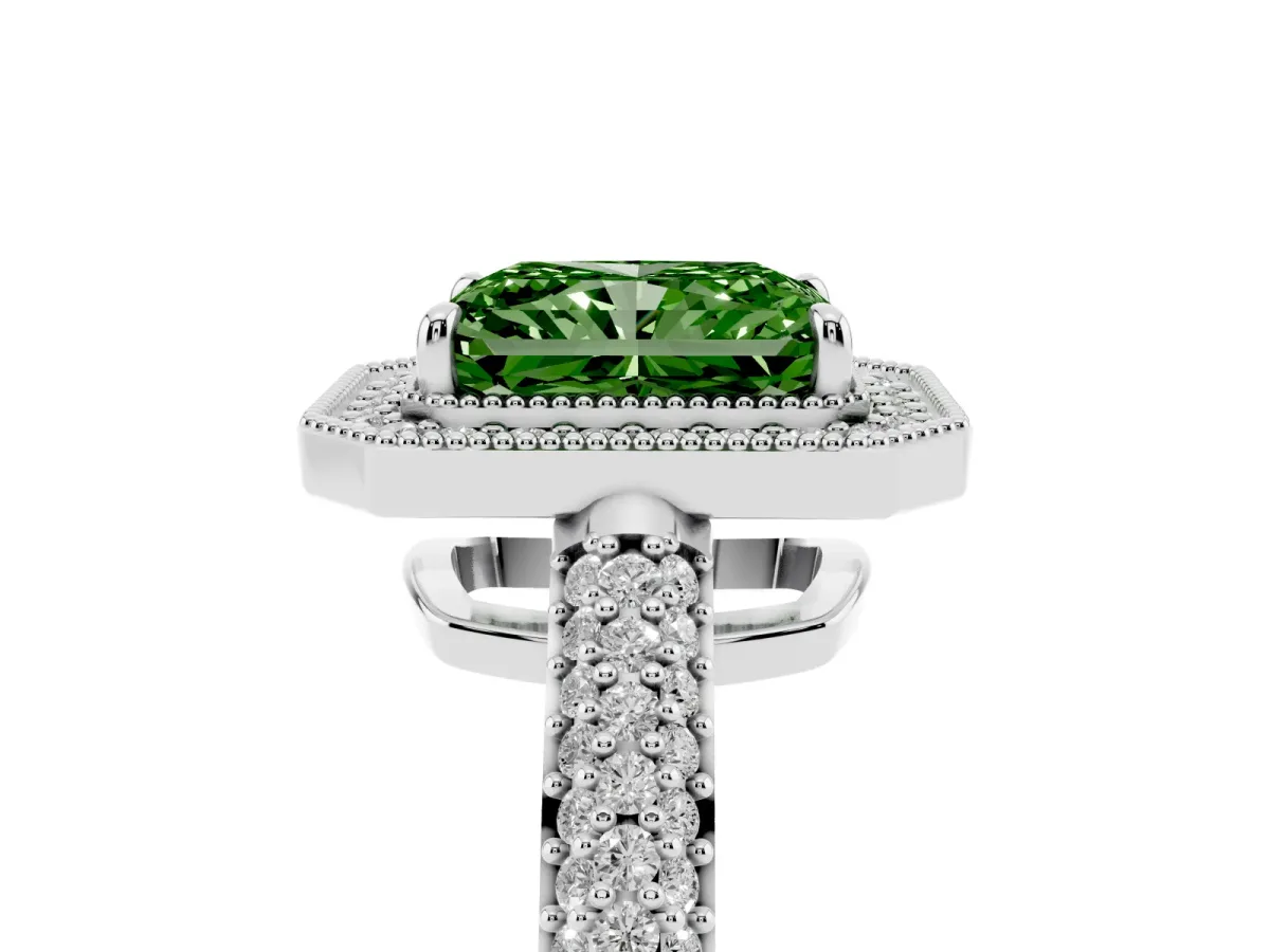 Fancy Green Radiant Cut Cut Halo Diamond Pave Band with Four-Prong Setting Silver