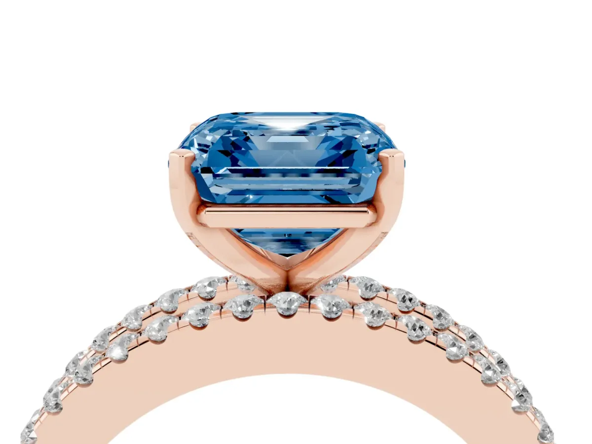 Fancy Blue Asscher Cut Diamond Solitaire Ring with Pavé and Channel Set Band Rose gold