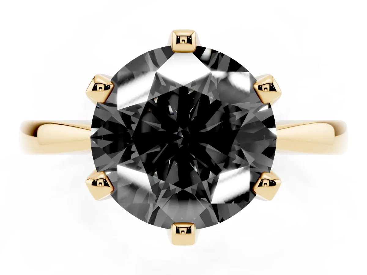 Fancy Black Round Cut Solitaire Engagement Ring with Six-Prong Setting and Tapered Band Yellow gold