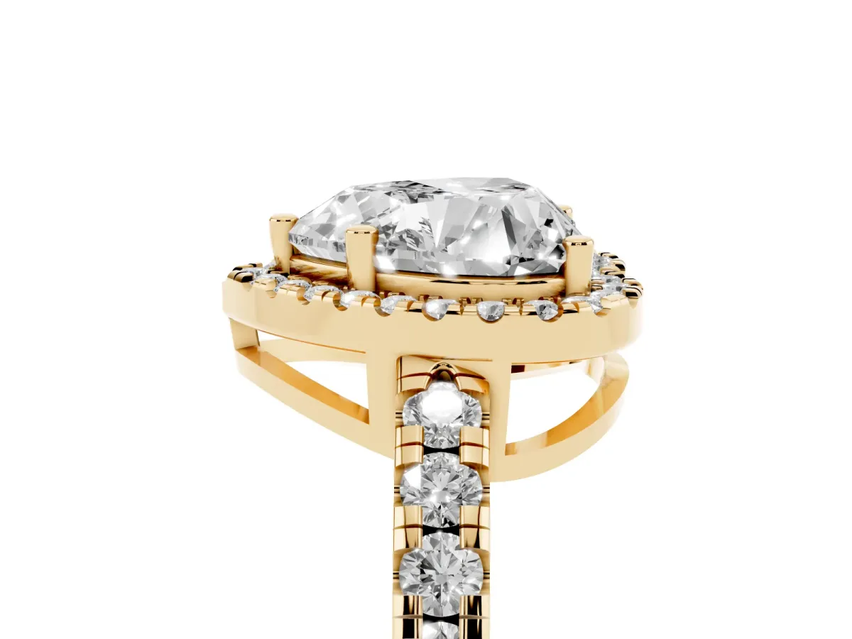 Heart Cut Diamond Halo Ring with Pavé Band and Four-Prong Setting Yellow gold