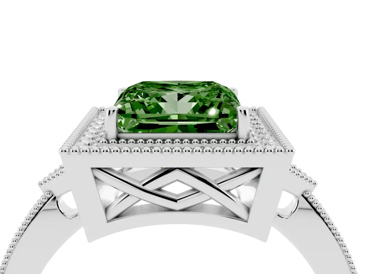 Fancy Green Princess Cut Halo Round Diamond Milgrain Pave Engagement Ring Platinum