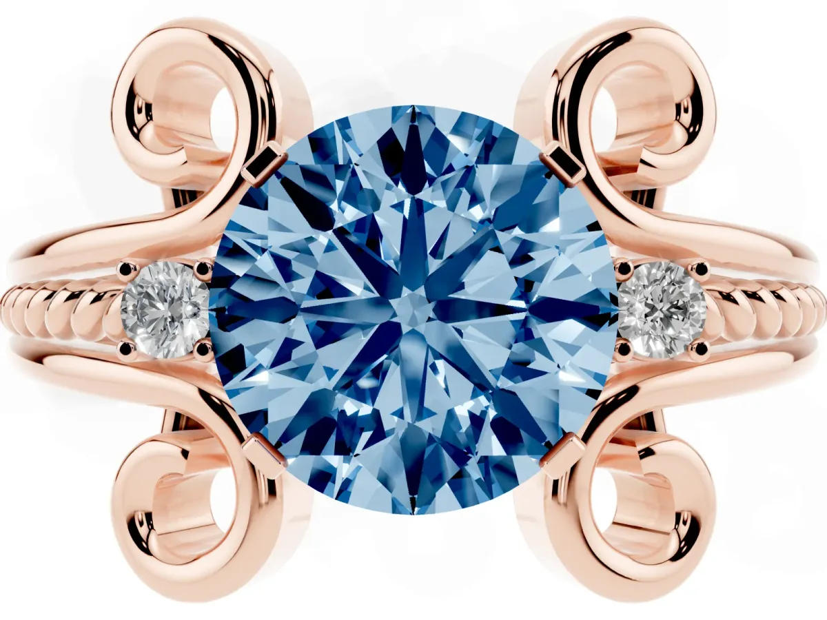 Fancy Blue Round Cut Solitaire Twisted Band Scroll Prong Ring Rose gold