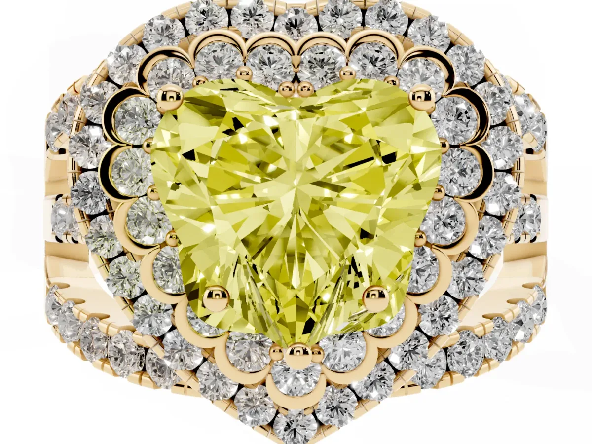 Fancy Yellow Heart Cut Diamond Double Halo Ring with Round Pavé Split Shank and Prong Setting Yellow gold