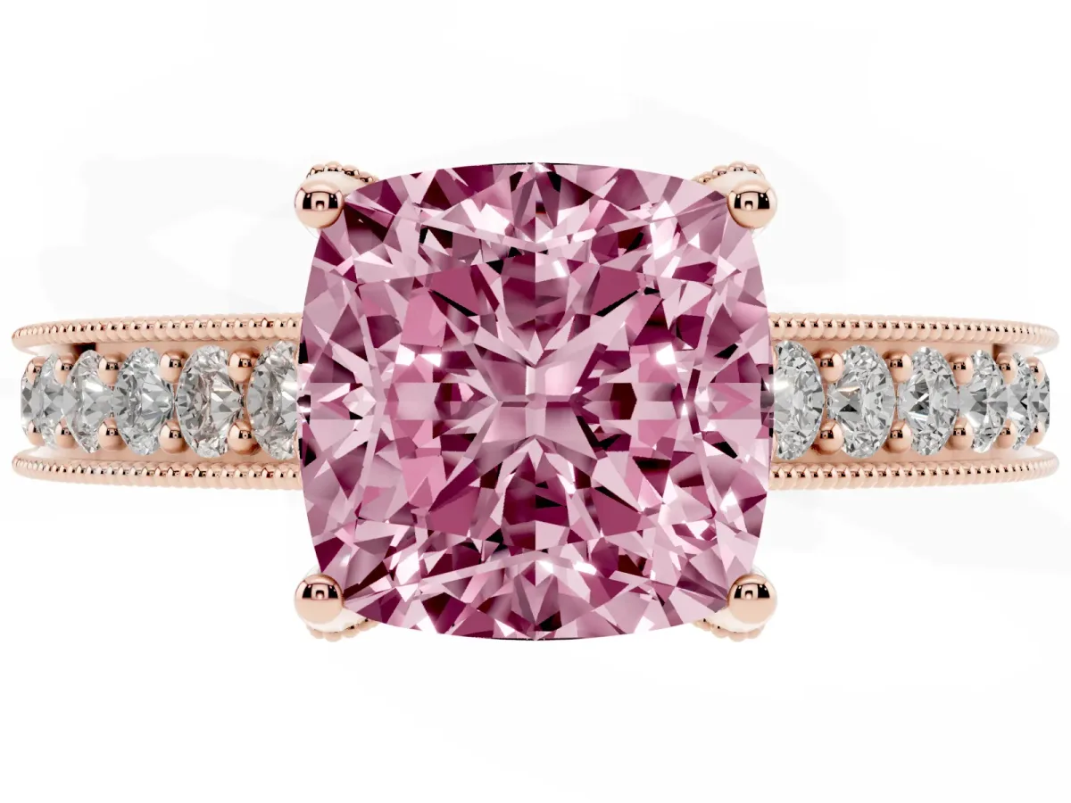 Fancy Pink Cushion Cut Cut Diamond Solitaire Ring with Milgrain Pave Band and Four Prong Setting Rose gold