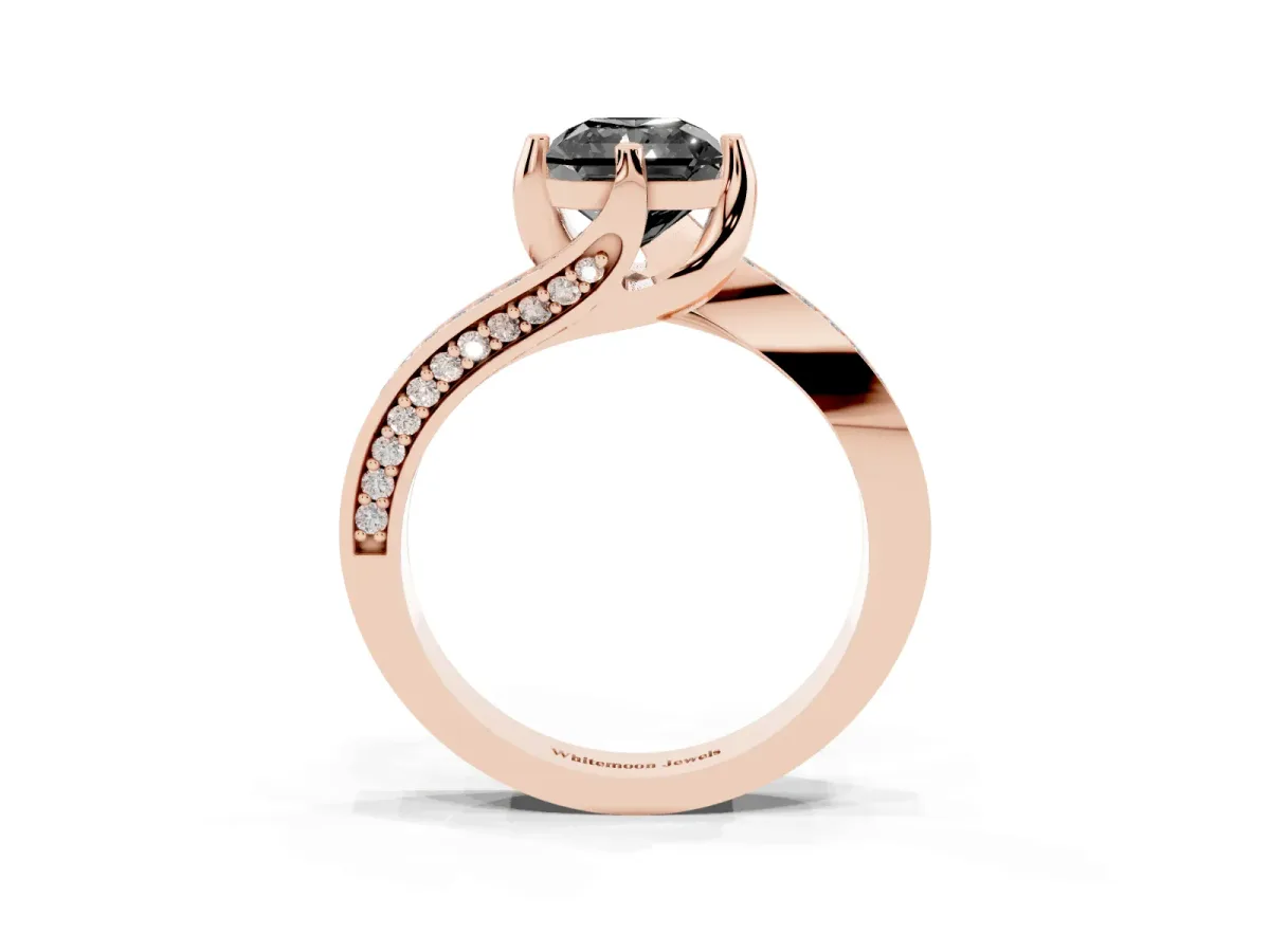 Fancy Black Radiant Cut Solitaire Diamond Twist Band with Pavé Setting and Four-Prong Setting Rose gold