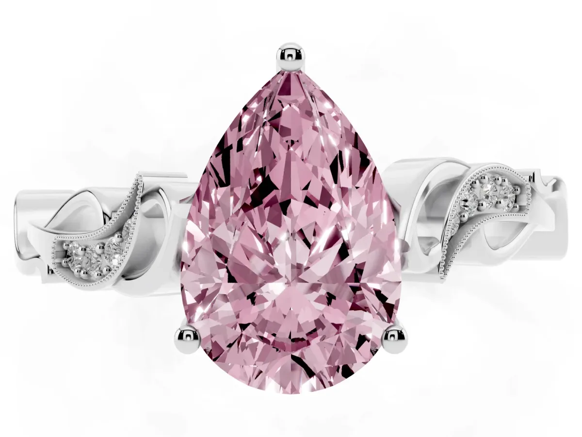 Fancy Pink Pear Cut Solitaire Vine Band with Milgrain Prong Setting Silver