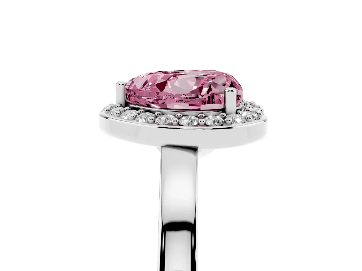 Fancy Pink Heart Cut Halo Diamond Ring with Solitaire Band and Prong Setting Silver