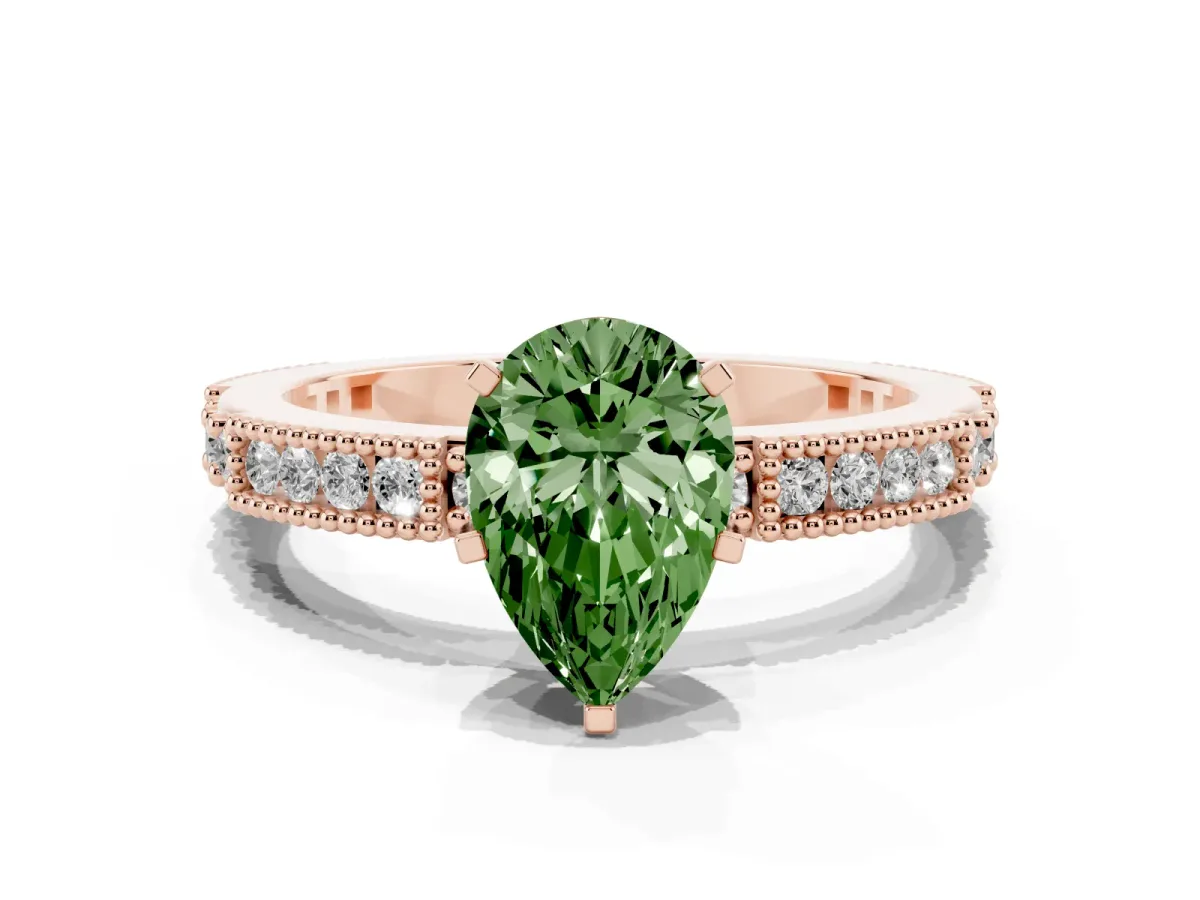 Fancy Green Pear Cut Solitaire with Pavé Band and Four-Prong Setting Rose gold