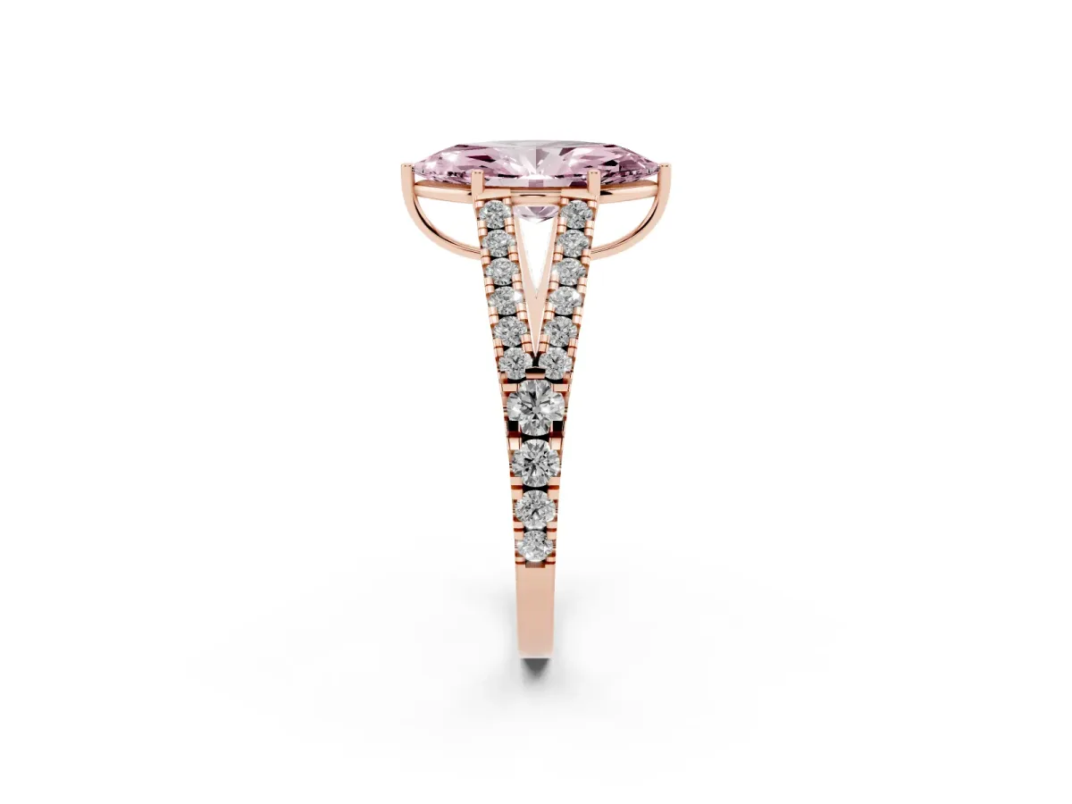 Fancy Pink Marquise Cut Diamond Split Shank Engagement Ring with Round Pavé and Prong Setting Rose gold