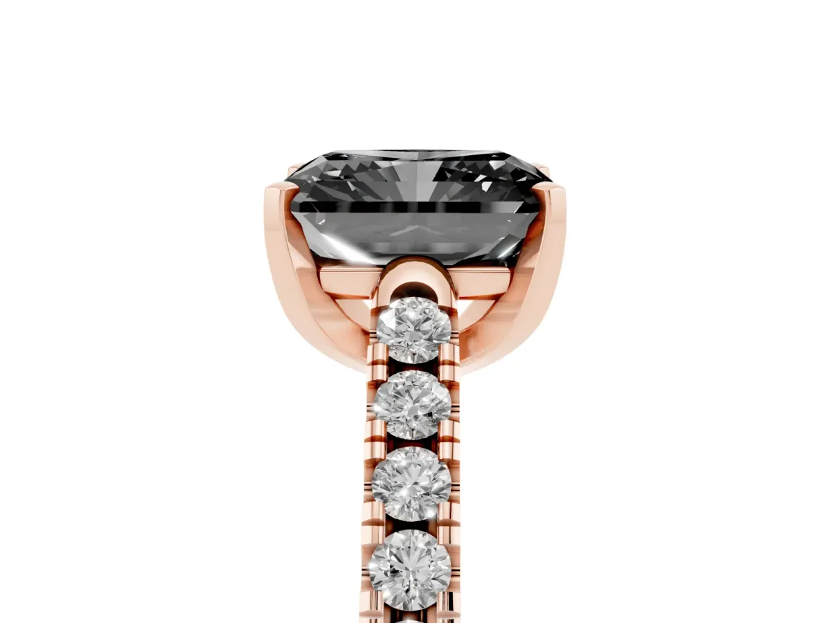 Fancy Black Radiant Cut Diamond Pavé Band Solitaire Ring with Prong Setting Rose gold