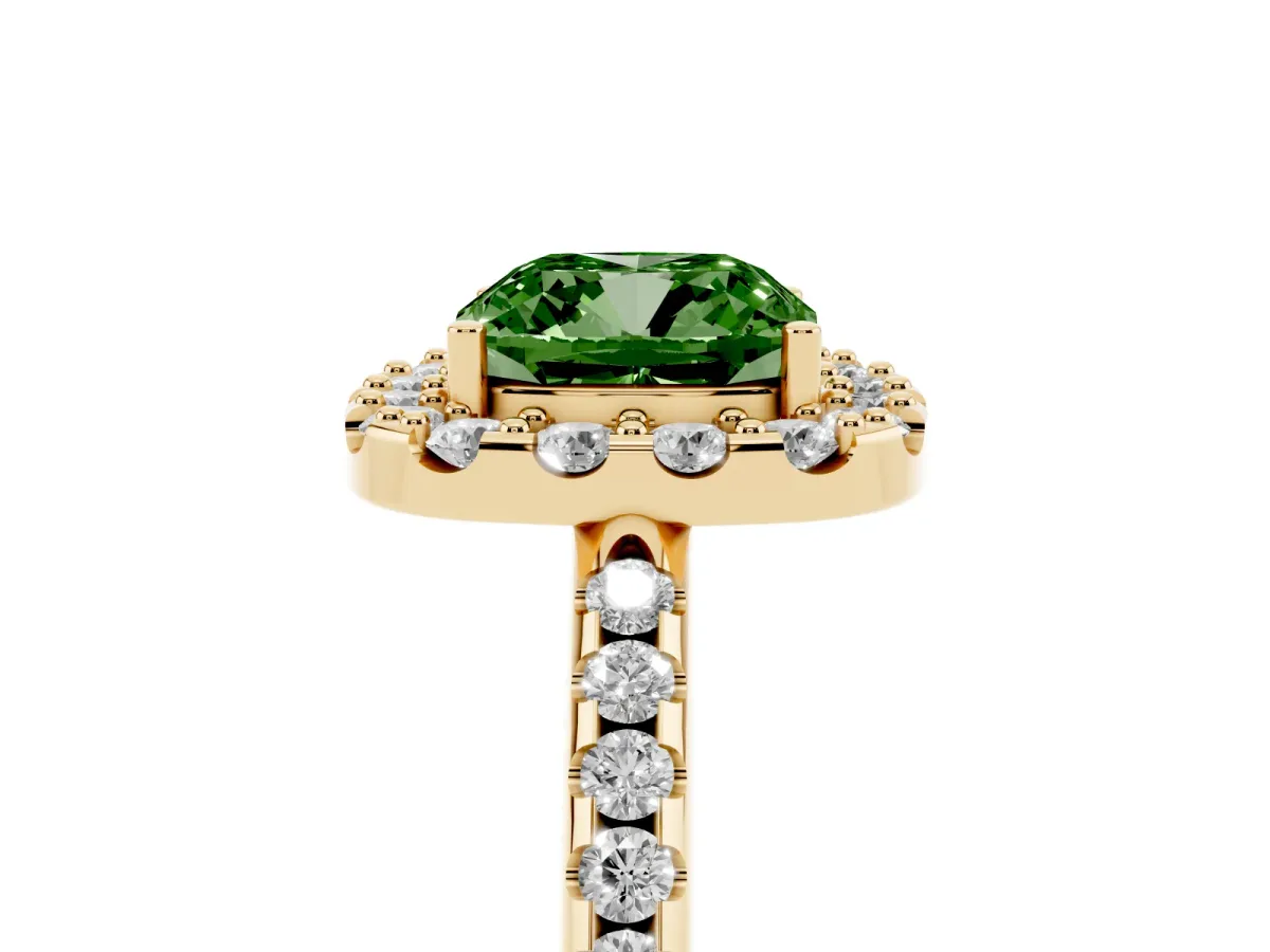 Fancy Green Cushion Cut Diamond Pavé Halo Ring with Four-Prong Setting Yellow gold
