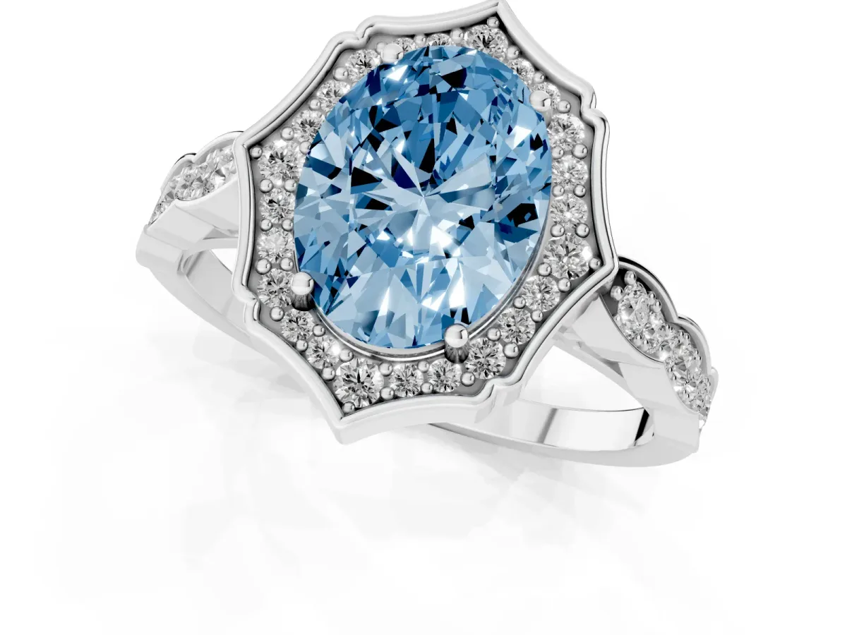 Fancy Blue Oval Cut Halo Diamond Engagement Ring with Milgrain Band and Four-Prong Setting White gold