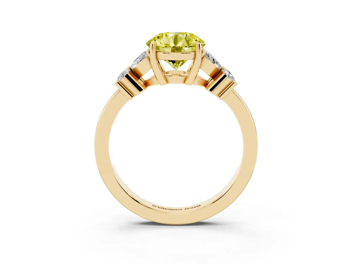 Fancy Yellow Round Cut Diamond Floral Cluster Ring with Solitaire Band and Prong Setting Yellow gold