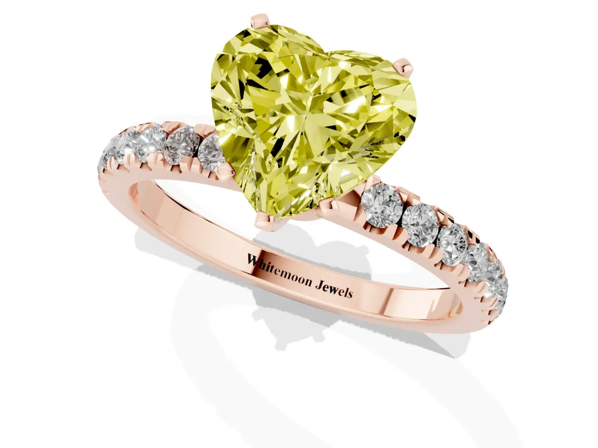 Fancy Yellow Heart Cut Diamond Solitaire Ring with Pavé Accents and Four-Prong Setting Rose gold