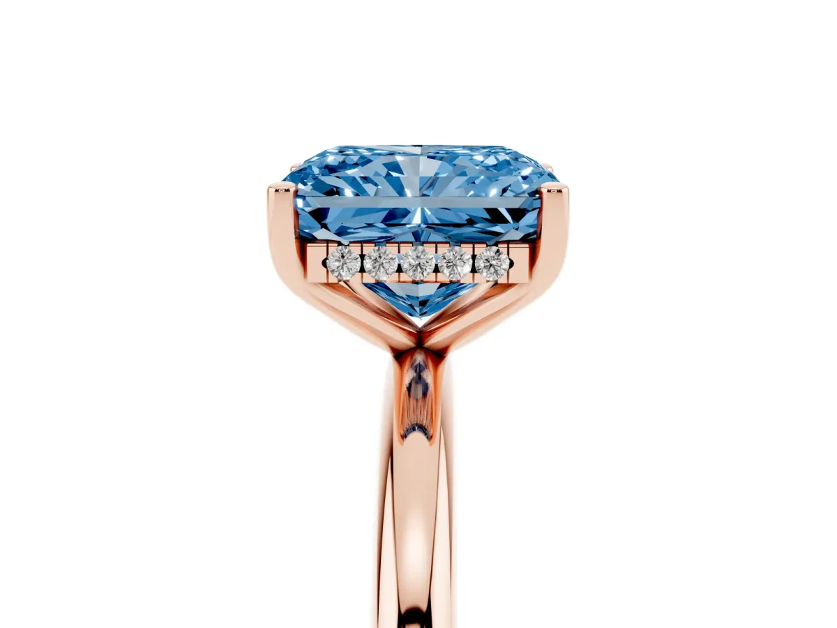 Fancy Blue Radiant Cut Cut Solitaire Engagement Ring with Four-Prong Setting and Classic Band Rose gold