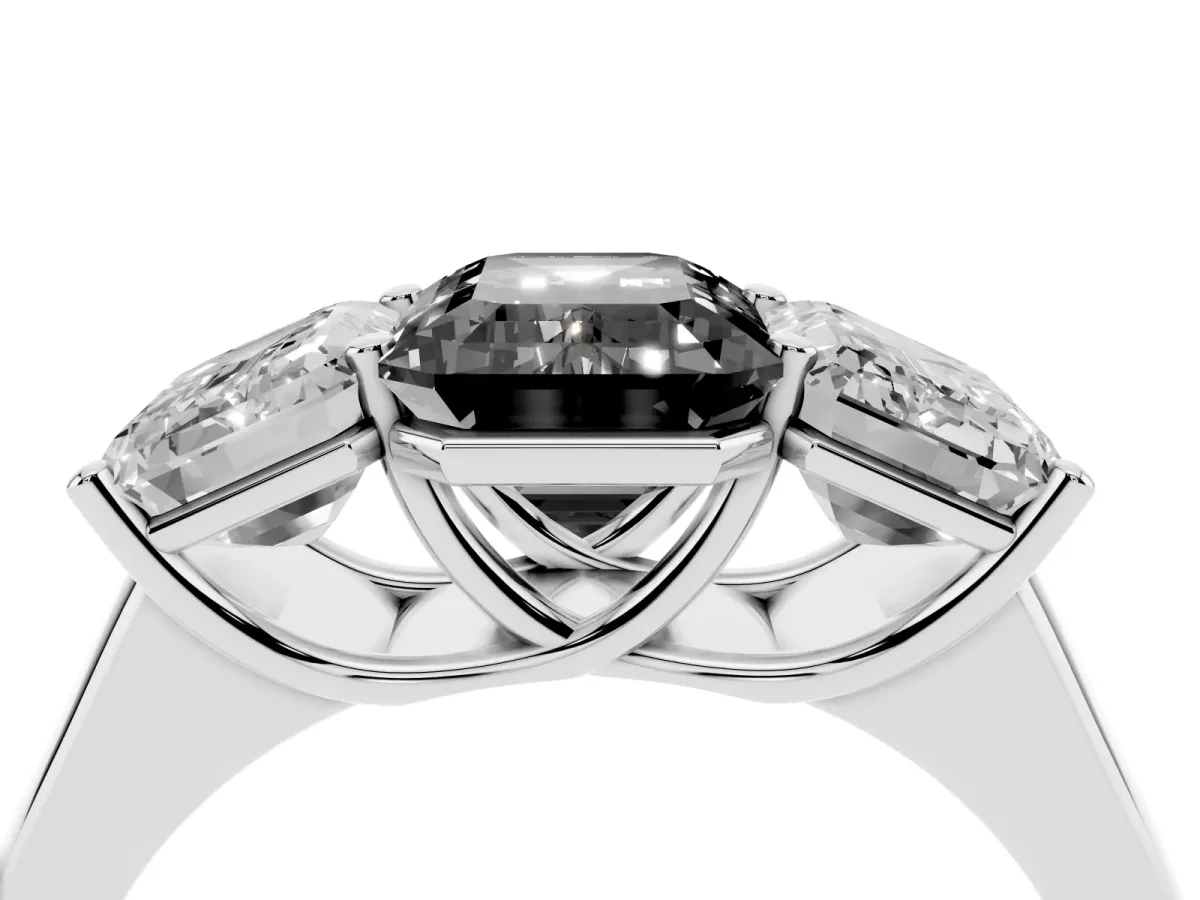 Fancy Black Emerald Cut Three-Stone Diamond Ring with Prong Setting on a Classic Band White gold