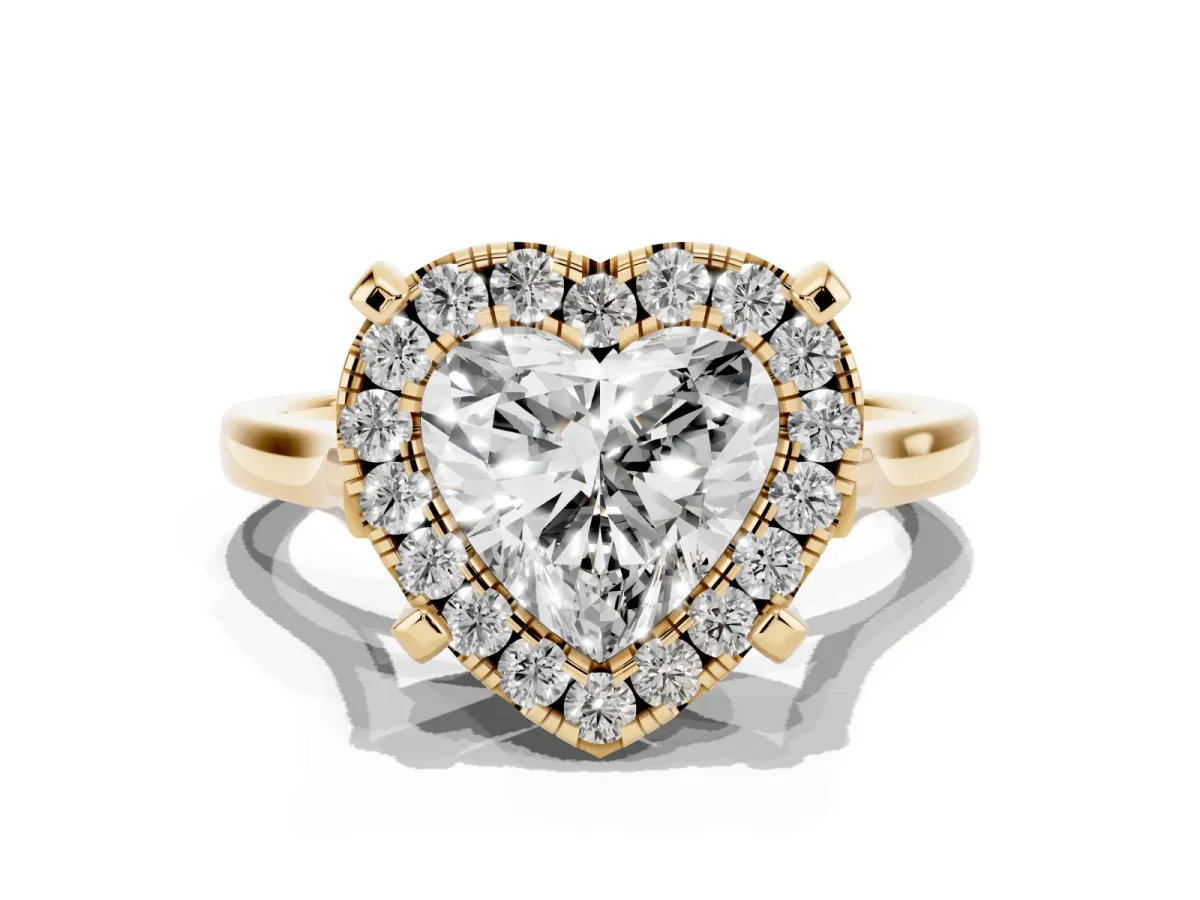 Heart Cut Diamond Cluster Halo Solitaire with Four-Prong Setting Yellow gold