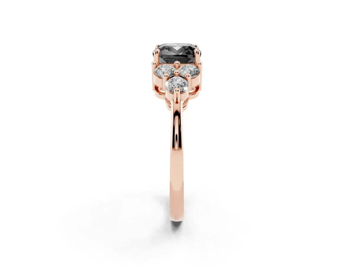 Fancy Black Cushion Cut Brilliant Diamond Cluster Accent Solitaire Ring with Prong Setting Rose gold
