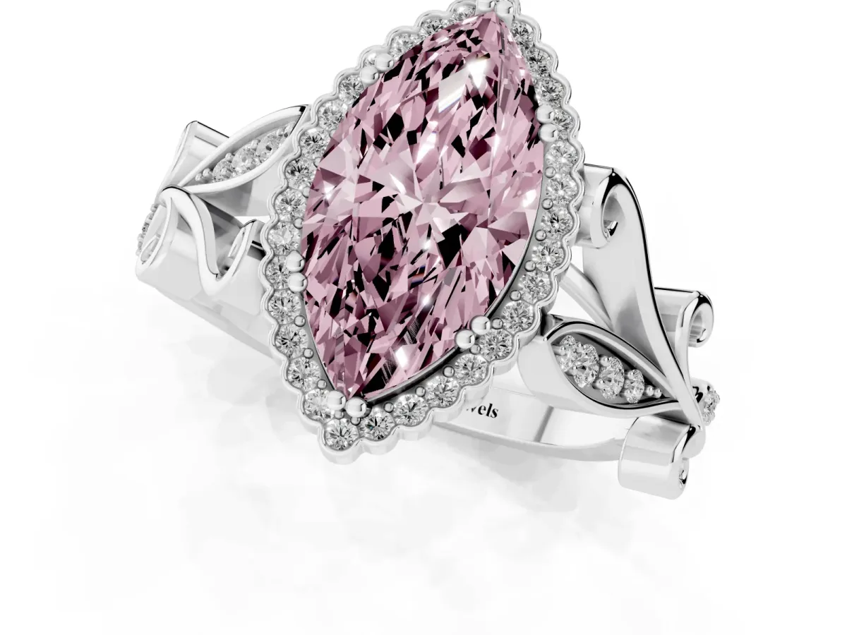 Fancy Pink Marquise Cut Diamond Halo Ring with Vintage Split Shank and Four-Prong Setting Platinum