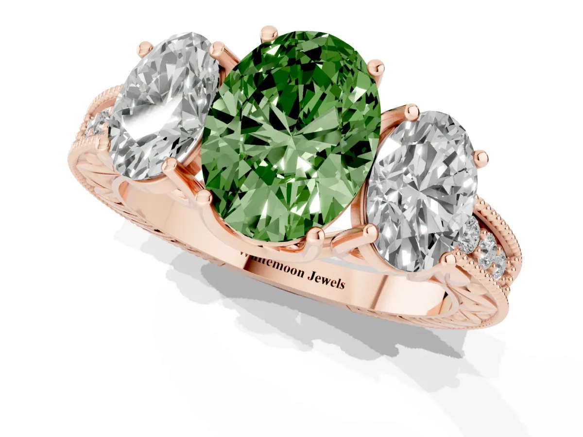 Fancy Green Three-Stone Oval Cut Cut Milgrain Pavé Engagement Ring Rose gold