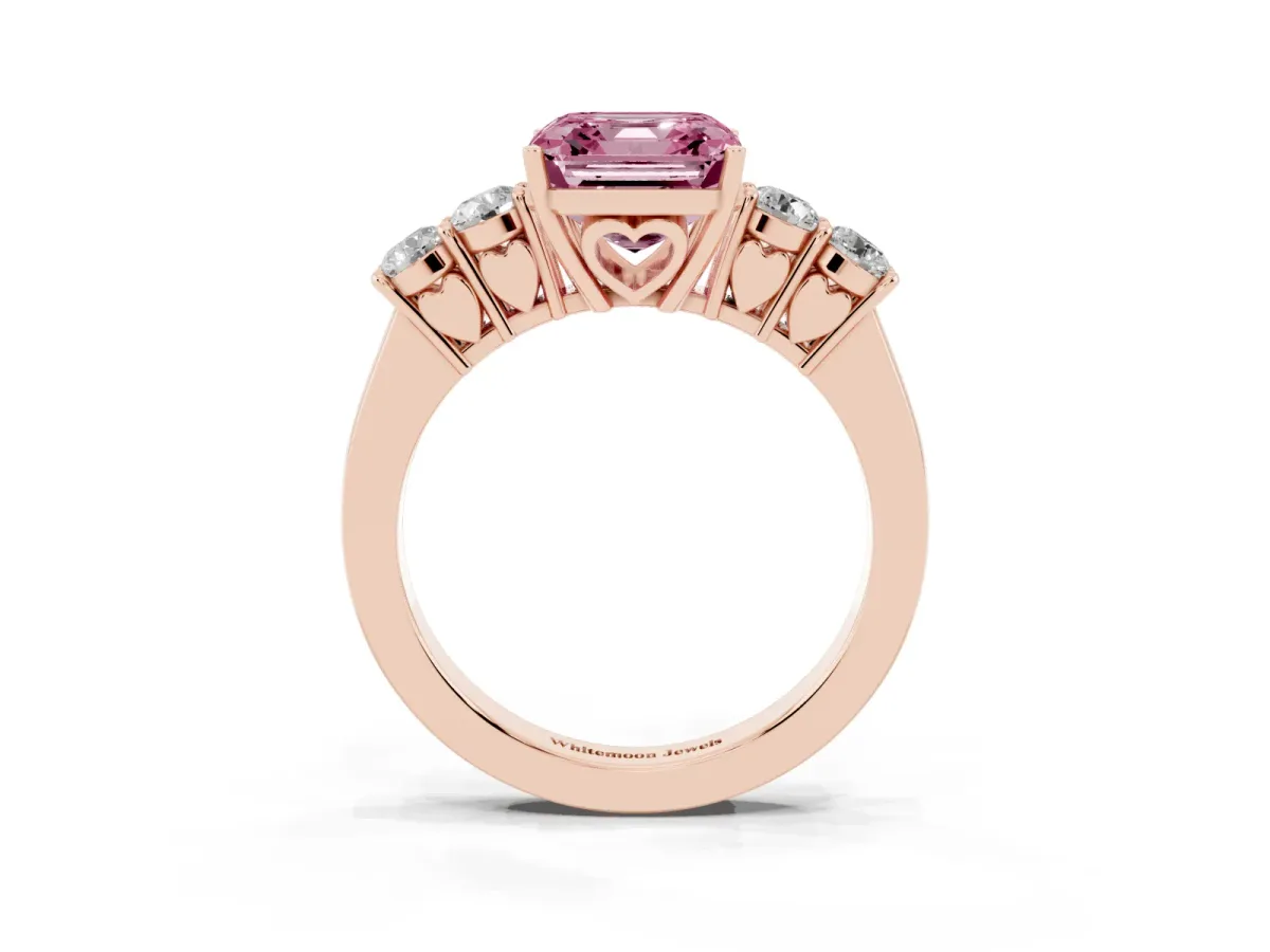 Fancy Pink Asscher Cut Cut Diamond Five-Stone Prong Set White Gold Ring Rose gold
