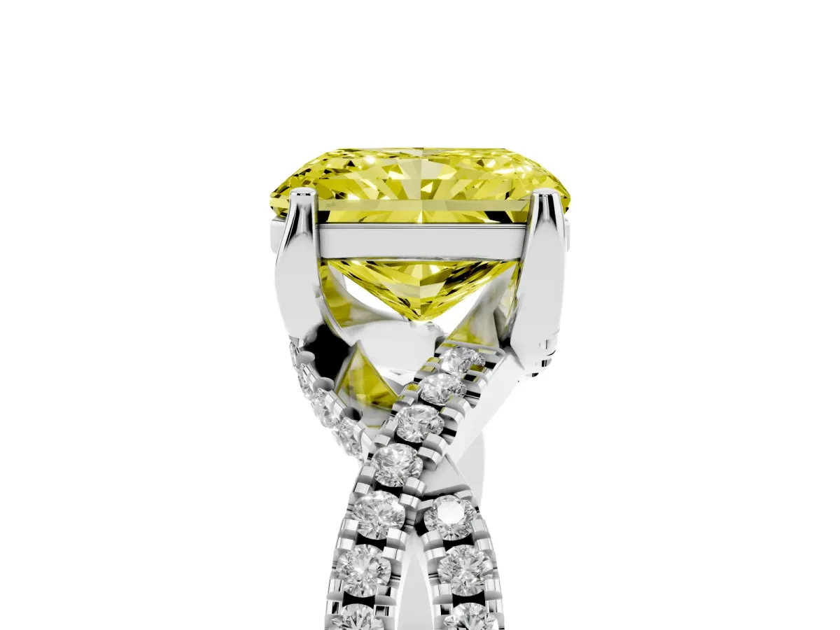 Fancy Yellow Radiant Cut Solitaire Twist Pave Diamond Engagement Ring with Prong Setting Silver