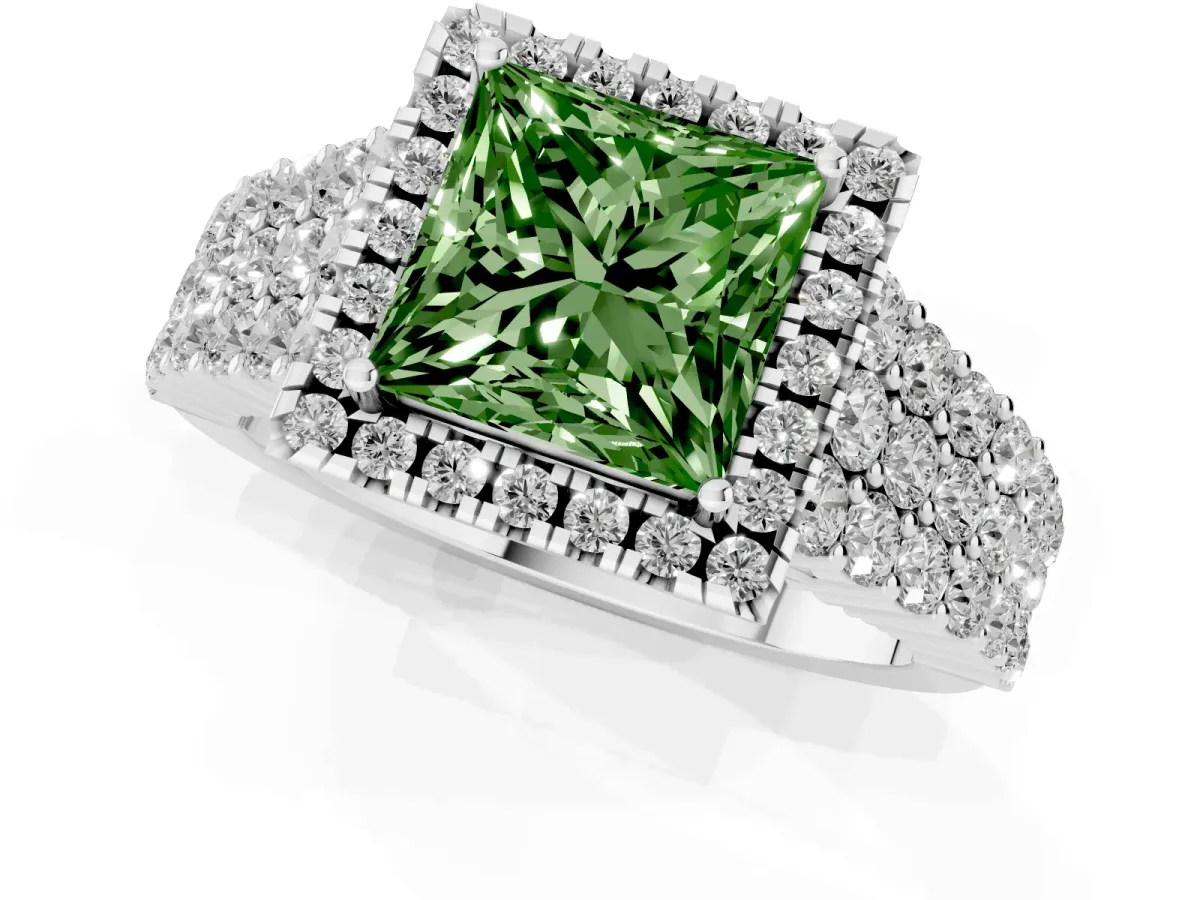 Fancy Green Princess Cut Diamond Halo Engagement Ring with Triple Row Round Pavé Band and Prong Setting Silver