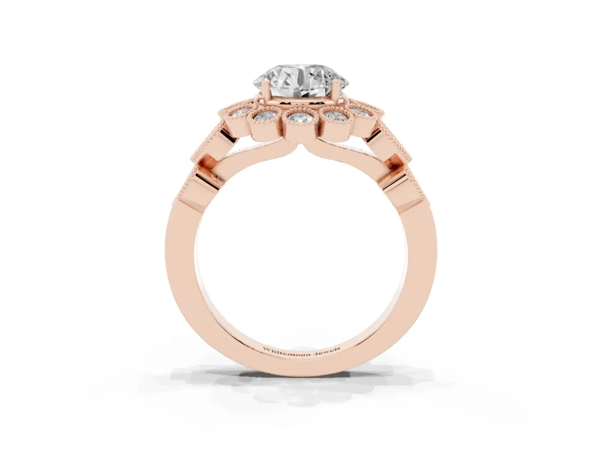 Round Cut Brilliant Milgrain Pave Heart Band Solitaire Ring Rose gold