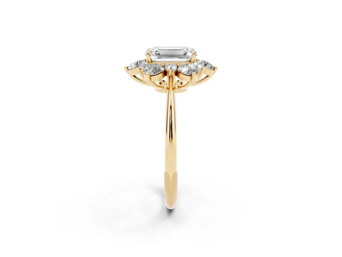 Emerald Cut Diamond Cluster Halo Ring with Solitaire Band and Four-Prong Setting Yellow gold