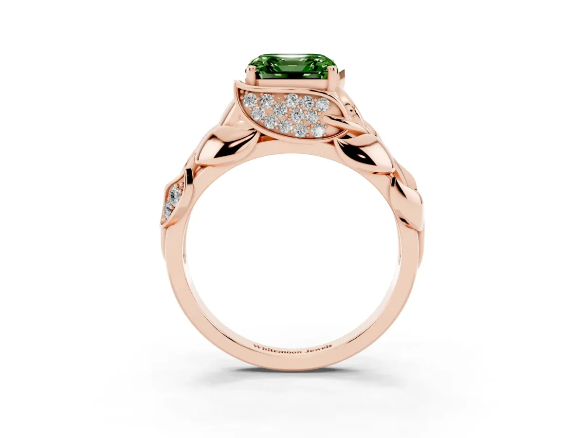 Fancy Green Asscher Cut Diamond Leaf-Inspired Engagement Ring with Round Accents and Prong Setting Rose gold