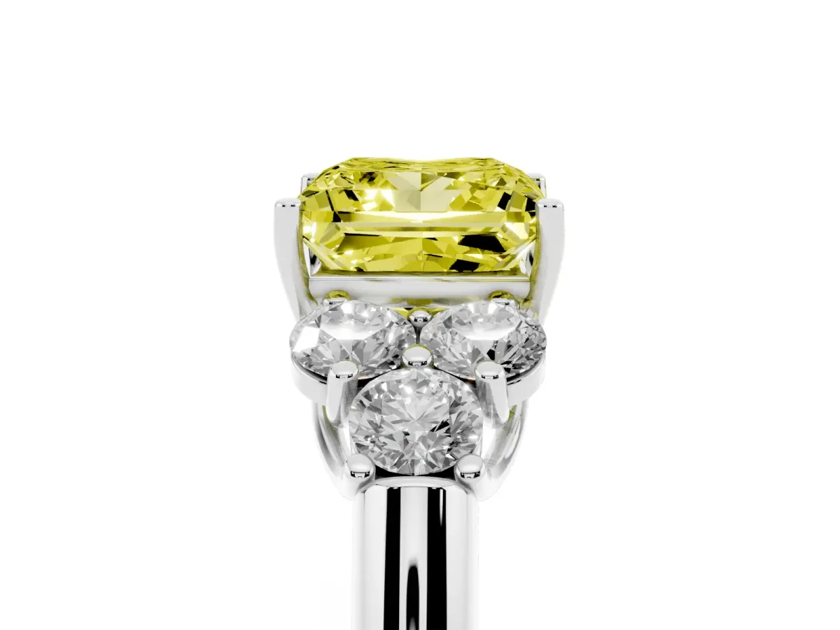 Fancy Yellow Princess Cut Cut Diamond Cluster Ring with Round Accent Stones and Prong Setting on a Classic Band White gold