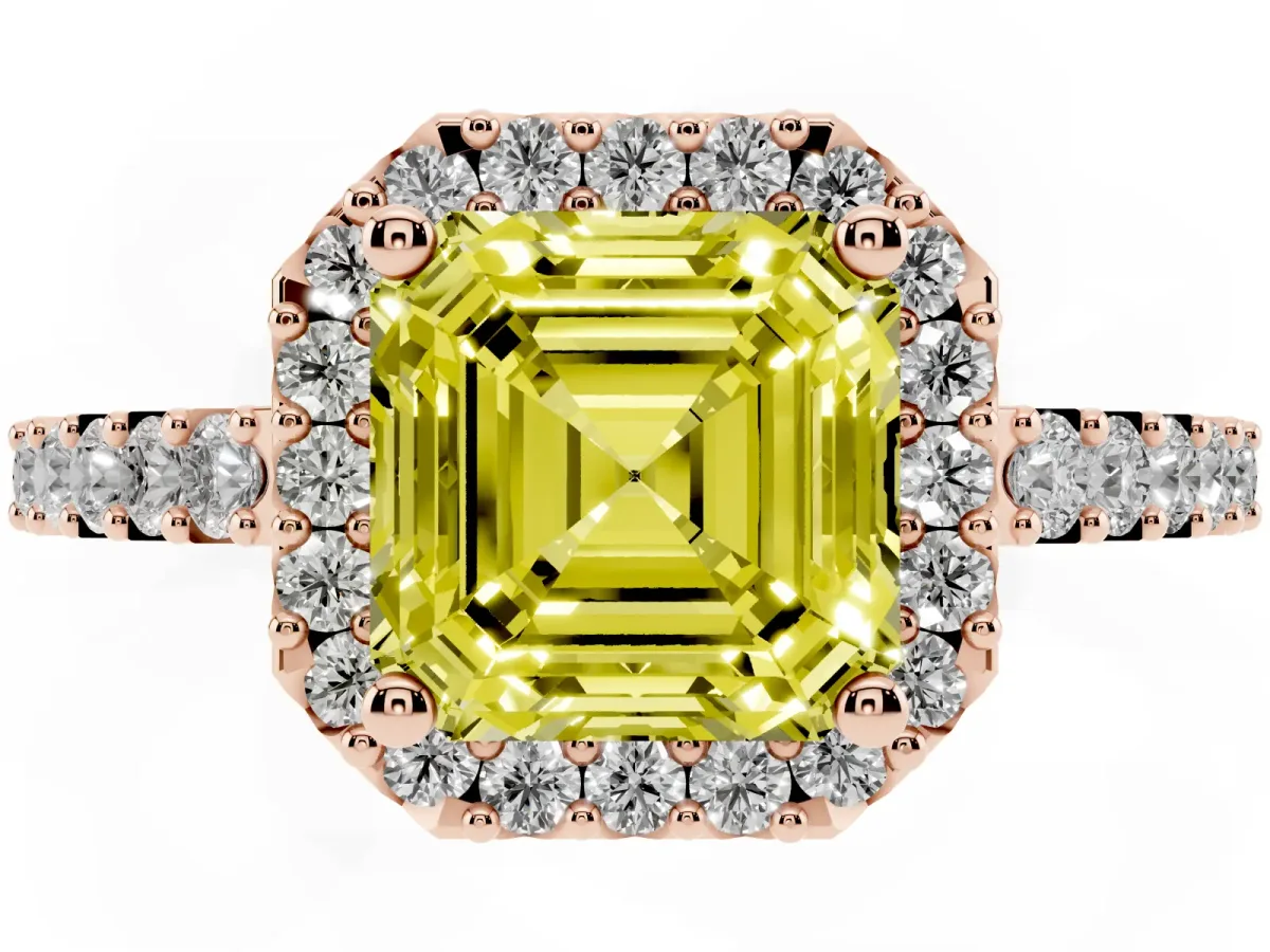 Fancy Yellow Asscher Cut Halo Diamond Pavé Solitaire Ring Rose gold