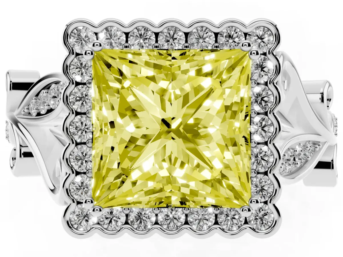 Fancy Yellow Princess Cut Diamond Halo Ring with Vintage Split Shank and Four-Prong Setting Silver