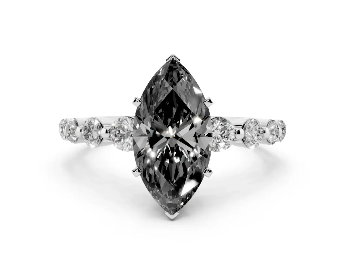 Fancy Black Marquise Cut Solitaire Diamond Ring with Pave Band and Four-Prong Setting Silver