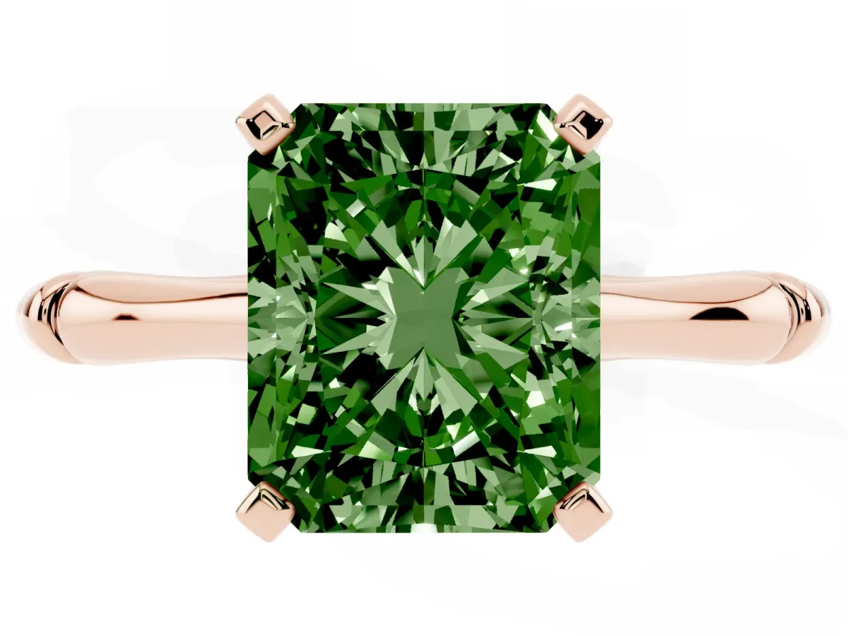 Fancy Green Radiant Cut Solitaire Diamond Ring with Bamboo Band and Four-Prong Setting Rose gold