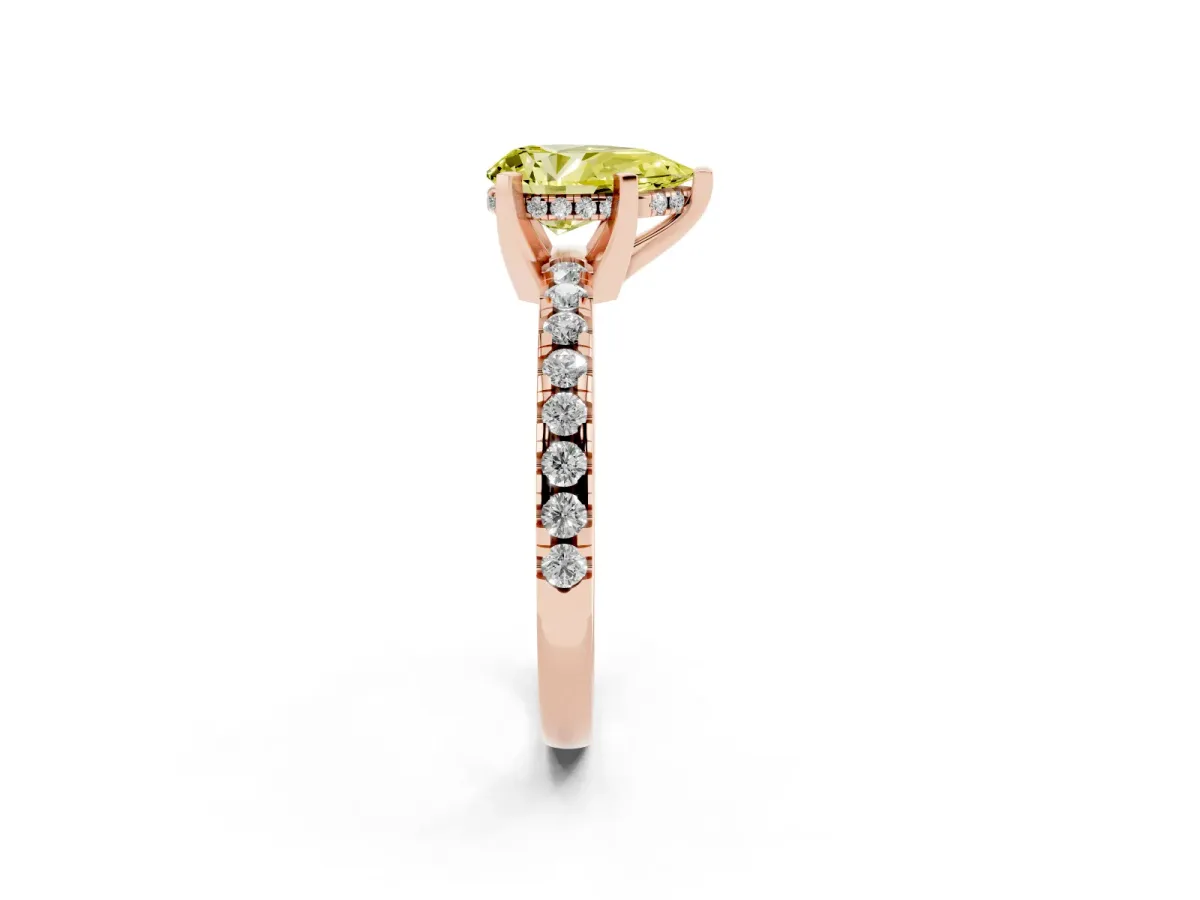 Fancy Yellow Pear Cut Diamond Solitaire Ring with Round Pavé Band and Four-Prong Setting Rose gold
