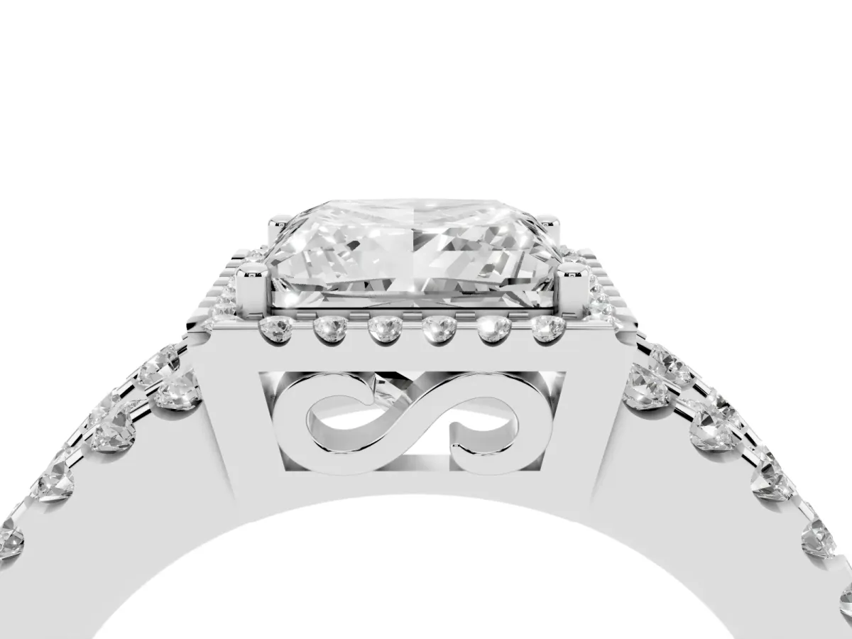 Princess Cut Cut Halo Split Shank Diamond Ring with Four-Prong Setting Platinum
