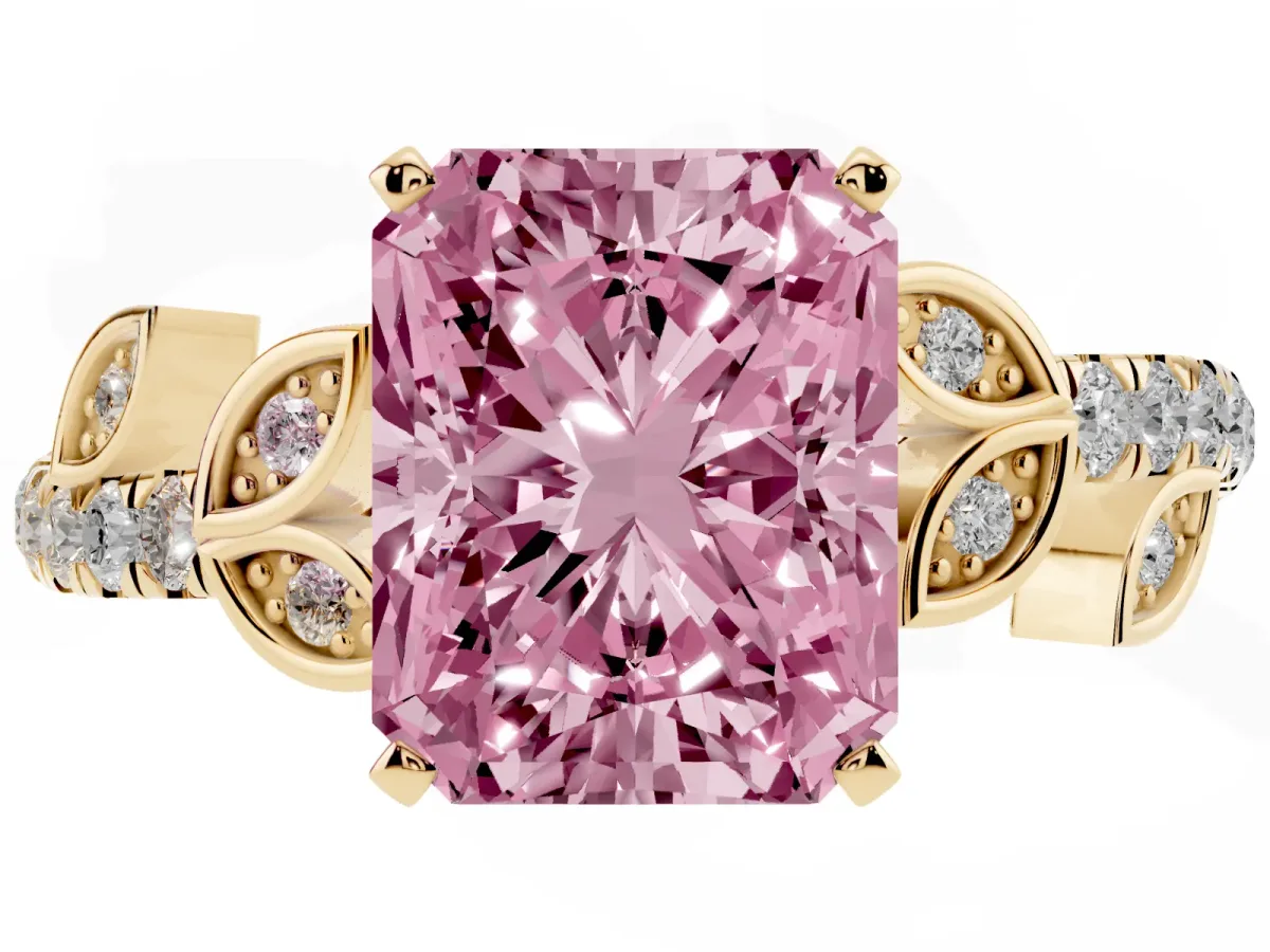 Fancy Pink Radiant Cut Solitaire Leaf-Inspired Diamond Ring with Pavé Band and Four-Prong Setting Yellow gold
